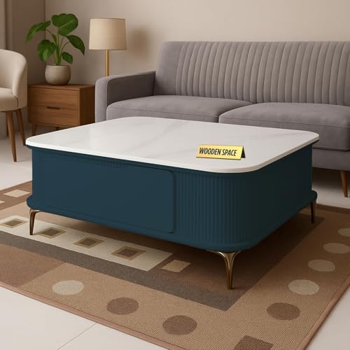 Image of WOODEN SPACE Premium Solo Marble-Top Wooden Center Table for Living Room | Iron Legs | PVD Coating | Modern Entryway Furniture | Coffee Table (Royal Blue)