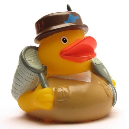 Duckshop I Badeente Angler I Quietscheente I L: 8 cm - inkl. Quietscheentchen-Schlüsselanhänger im Set I Geschenk Outdoor I Präsent für Männer I