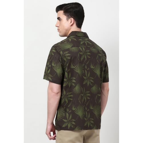 Image of Peter England Men's Cotton Blend Classic Fit Floral Print Casual Shirt | Cuban Collar, Half Sleeves | Casual Wear