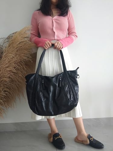 Extra Large Purses for Women Oversized Slouchy Bag Black Handbag Women Multi-pockets Hobo Tote Soft Faux Leather Braided Shoulder Pocketbooks-Black3