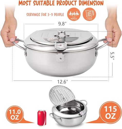 Image of Deep Fryer Pot,Oxydrily Japanese Tempura Deep Fryer Stainless Steel Frying Pot With Thermometer