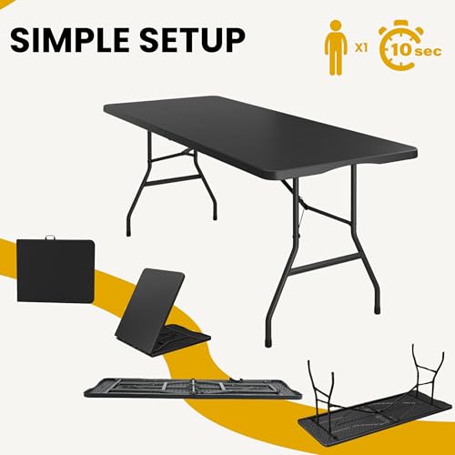 BTEXPERT Fold-in-Half Folding Utility Table 6 Feet 72" x 29.5" Lightweight Portable Carrying Handle, Indoor Outdoor Picnic Camping Office Home Party Wedding Event Easy to Clean Store & Care Black by BTEXPERT - Image 6