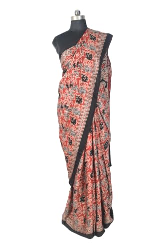 Image of Ethnics of Kutch Womenss Ajrakh Modal Silk Natural Dye Hand Block Print Saree with Blouse Piece - 5.5 Mtr Length