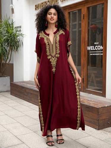 Image of KECVOT Kaftan Dresses for Women Embroidered Short Sleeve V-Neck Plus Size Caftan Bikini Swimsuit Cover-Up Long Beach Dress