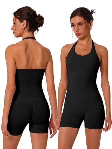 Image of ABOCIW Workout Sets for Women 2 Piece seamless Halter Sports Bra Scrunch Butt Impact Shorts Gym Yoga Outfits