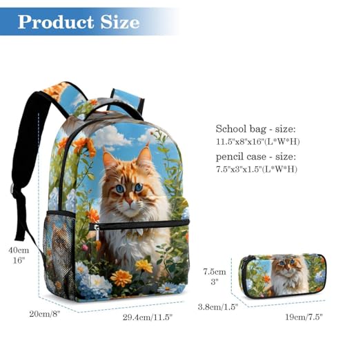 Cartable chat et fleur avec trousse pour l'école et le collège - 2