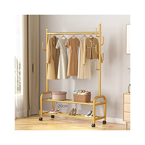 Perchero Resistente con Ruedas y estantes, Organizador de Ropa de Metal Duradero, Perchero Grande para Colgar fácilmente, Elegante Acabado Dorado, Uso doméstico o minorista.