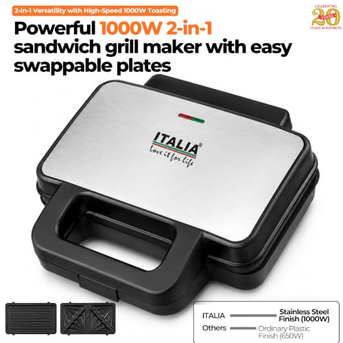 Image of ITALIA 2-in-1 1000W Sandwich And Grill Maker | Interchangeable Quick-Release Non-Stick Plates for Easy Clean | Deep Fill Toastie Press, Panini, Waffle Iron | 1 Year Warranty