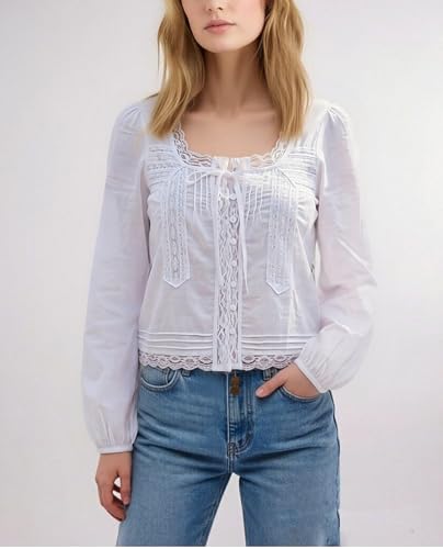 Image of Women Summer Sheer Tie Front Top Y2k Peplum Chiffon Blouse Eyelet Long Sleeve Flowy Lace Beach Cover Up Boho Tops