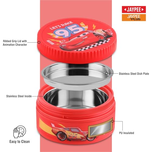 Image of JAYPEE First Step Inner Stainless Steel Insulated Lunch Box Meal and Sip Combo for School Kids Water Bottle Sipper & Disney Princess School Kids Tiffin Box 375 & 270 ml Water Bottle, Red