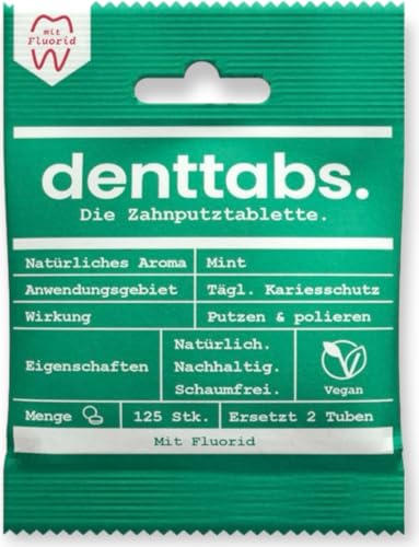 Denttabs Zahnputztabletten die vollwertige Alternative zur Zahnpasta, 125 Stk. für 2 Monate. Mint mit Fluorid - VEGAN Plastikfrei ohne Konservierungsstoffe. Im Orginal denttabs kompostierbaren Beutel