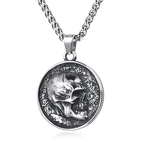 KIRTIJW Skull Necklace Stainless Steel Gothic Biker Skull Pendant Necklace Jewelry for Men 60cm
