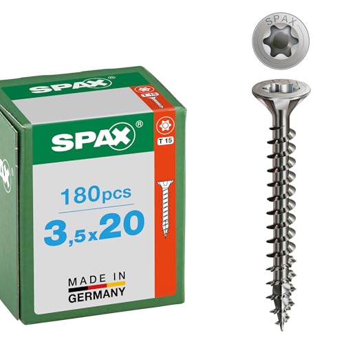 SPAX Vis en inox à bois 3,5 x 20 mm, 180 pièces - Vis à filetage total, tête fraisée, T-STAR plus T15, 4CUT, acier inoxydable A2 - 8000000287176