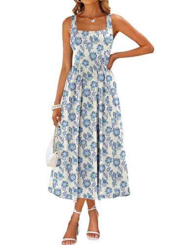 Image of Sureple Midi Dresses for Women 2026 Spring Square Neck Tank Sleeveless A Line Casual Summer Sundresses with Pockets
