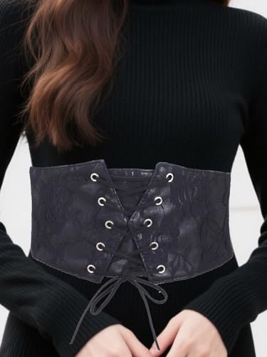 Women's Stretchy Tied Black Genuine Leather Waspie Belts Genius, Wide Halloween Dress Cincher Waist Belt4