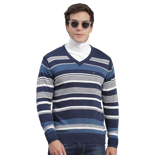 Image of Monte Carlo Royal Blue Striped V Neck Pullover | Warm Woolen Pullover for Men | Soft Comfortable Knitted Winter Wear Sweater for Men's