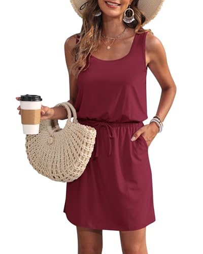 WNEEDU Sommerkleid Damen Ärmellose Strandkleid Damen U-Ausschnitt KordelzugKleid Luftiges Kleid Damen Sommer mit Taschen Weinrot S