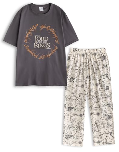 The Lord Of The Rings Herren-Nachtwäsche-Set in Grau | Kurzärmeliges Grafik-T-Shirt mit Themen-Rundhalsausschnitt und Hose mit Kartendruck | Fantasy-Kleidung mit elastischem Bund