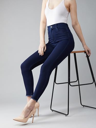 Image of Miss Chase Women's Skinny High Rise Cropped Fringed Hemline Detailing Stretchable Denim Jeans