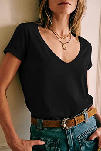 Beyove-Womens-Deep-V-T-Shirt-Summer-Short-Sleeve-Loose-Casual-TopS-3XL