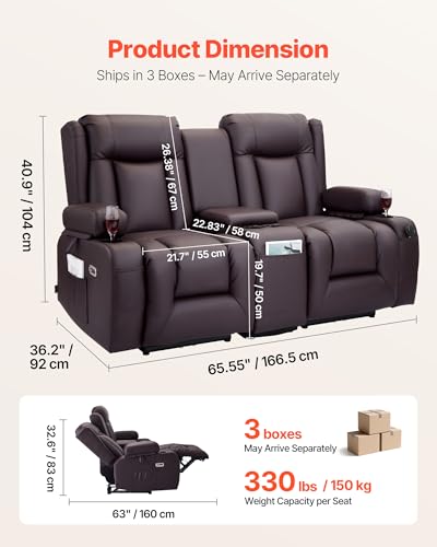 Image of VEVOR Loveseat Recliner Sofa with Massage & Heat, Power Reclining Couch with Console, PU Leather Electric RV Sofa with USB & Outlet /Storage /Cup Holders /Pockets, Home Theater Seating for Living Room