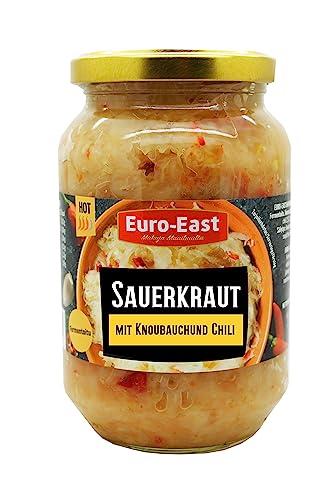 Euro-East Sauerkraut mit Knoblauch und Chili 6-pack im Glas x 460g | Vegan und Glutenfrei eingelegter Kohl | Fermentiertes Gemüse (6x460g)