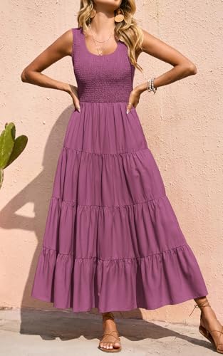 Image of PRETTYGARDEN Women's 2026 Casual Loose Plain Maxi Sundress Smocked Tank Dress Sleeveless Summer Beach Tiered Long Dresses