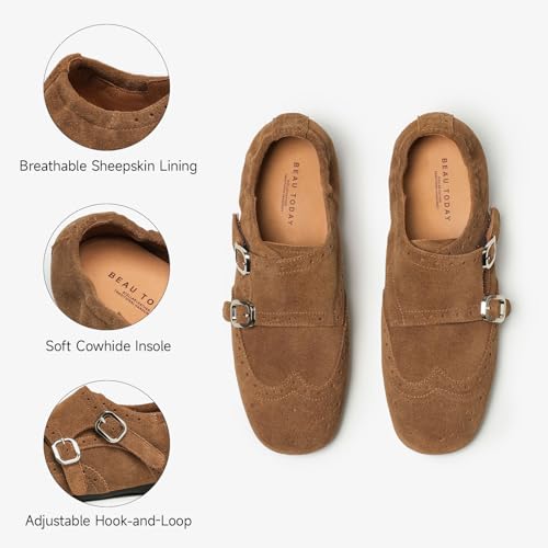 Image of BEAU TODAY Womens Leather Loafers, Monk Platform Loafer Shoes | Cowhide, Brogue Wingtip, Slip-on, Chunky Heel, Comfortable, Non-slip Durable, Business Casual Office Dress Shoes
