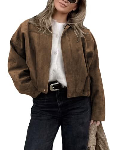 Women's Cropped Suede Bomber Jacket Long Sleeve Zipper Y2k Pilot Outerwear
