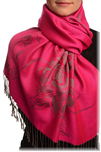 Écharpe pashmina rose fuchsia grand motif roses élégant étole à franges douceur de soie