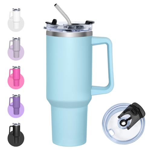Zyntrix Taza térmica con pajita, 1200 ml, vaso térmico con tapa multifunción, vaso de acero inoxidable con pajita, taza térmica de café para llevar con asa, vaso térmico para frío y caliente