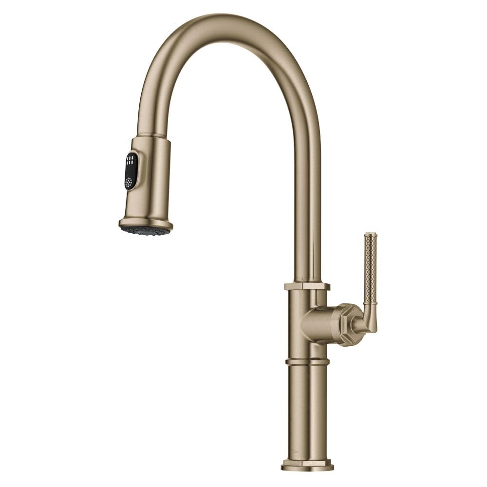 KRAUS Allyn Traditional Industrial Pull-Down Single Handle Kitchen Faucet in Brushed Gold, KPF- 4100BG