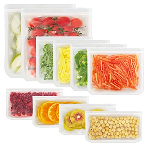 Korlon 10 Pack Reusable Food Storage Bags, Silicone Bags (4 Sandwich Bags, 4 Snack Bags, 2 Gallon Bags), Freezer Safe Leakproof and Lunch Bags for Food Storage