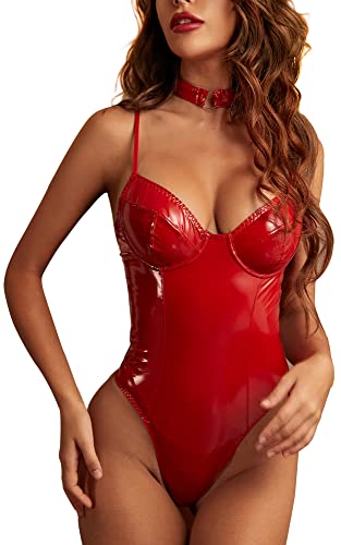 Panegy Sexy Lederdessous für Frauen Wet Look Sleeveness Club Nachtwäsche...