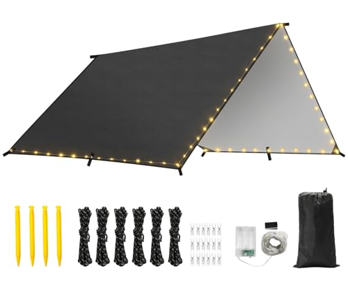 Rhino Valley Waterproof Tent Tarp, 9.8 × 9.8 Ft Large Outdoor Shelter Cover with Light Strings, Lightweight Portable Tarp Shelter Rain Tarp Camping Canopy for Hiking Traveling Backpacking, Black