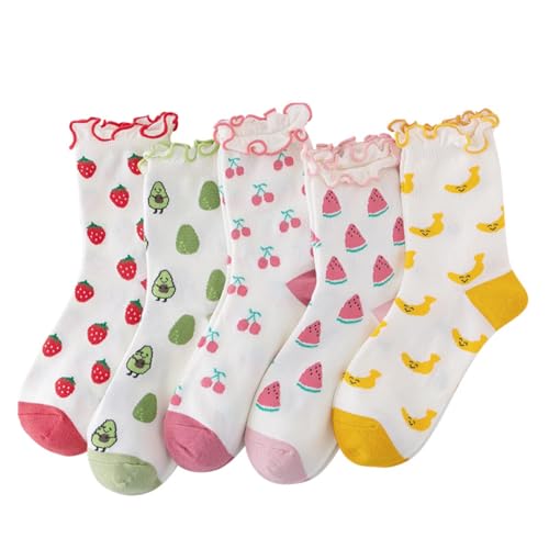 Image of Gellwhu Cute Ruffle Fun Socks for Women Lettuce Edge Novelty Funky Cool Fruit Frilly Strawberry Cherry Crew Socks