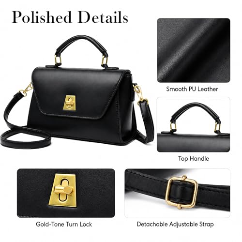 Image of Crossbody Bag for Women Shoulder Handbag PU Leather Satchel Purse with Top Handle Gold Turn Lock Adjustable Strap
