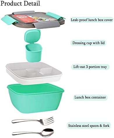 Double Layer Lunch Box, Bento Box with Compartments, Bento Lunch Box for with Cutlery and Condiment Box, Large Capacity Salad Box for Adults Children for School Office Work Picnic Travel 1.5L(Green)