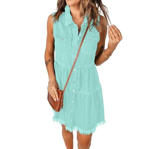 luvamia Women's Casual Summer Lapel Sleeveless Button Down Short Denim Jean Dress X-Small A Azure Glow