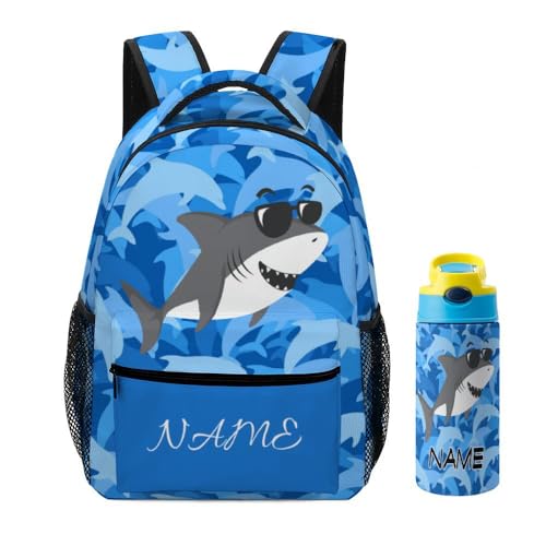 SUQINFA Custom Shark Dolphin Backpack Set 2 Pcs Add Text Name Personalized School Book Bag Kid Water Bottle Customized Backpack for Girls Boys