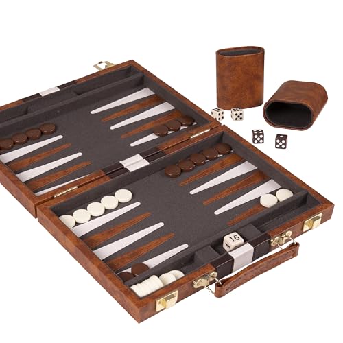 Crazy Games Backgammon Set - 11 inches Classic Board Game for Adults and Kids with Premium Leather Case - with Strategy & Tip Guide (Brown, Small)