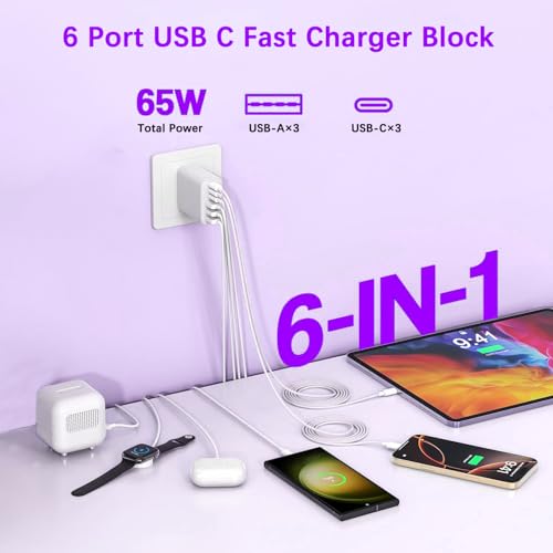 Image of USB C Charger Block,65W iPhone Charger Fast Charging,6-Port USBC Charging Block,Multiport Type C PD+QC Power Plug Wall Charger for All iPhone 17 16 15 iPad Samsung S26 S25 iWatch Pixel Series