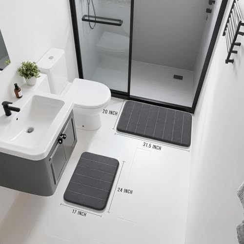 Image of Yimobra Memory Foam Bathroom Rugs Sets 2 Piece - Super Soft Absorbent Quick Dry Bath Mat Set, Machine Washable Non Slip Floor Carpet for Tub Shower & Single Sink (17x24 & 31.5x20 Inch, Dark Gray)