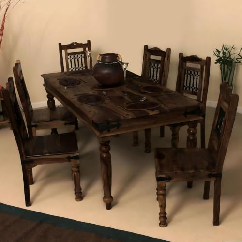 Image of Loonart Solid Sheesham Wood 6 Seater Dining Table Set | Traditional Solid Wood Dining Table with Chairs | Handmade Furniture for Home Kitchen & Dining Room (Premium Walnut Finish) |
