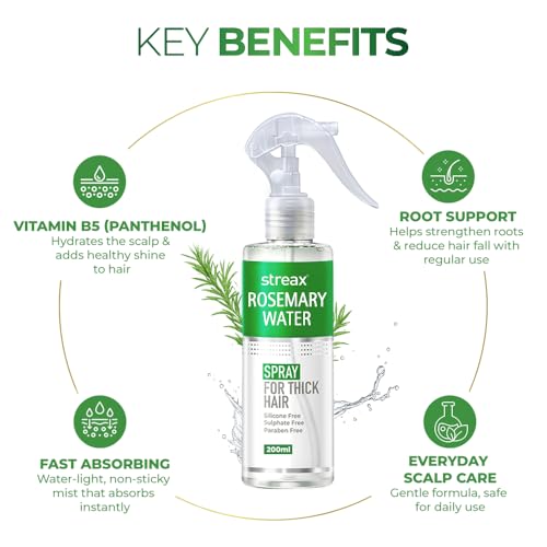Image of Streax Rosemary Hair Spray - 200ml , 100% Natural Extracts For Hair Growth , Stronger & Thicker Hair, Reduces Hair Fall , Nourishes Scalp & Stimulates Roots , Non-Sticky , Sulphate & Paraben-Free, Rosemary Water Spray for Hair Growth