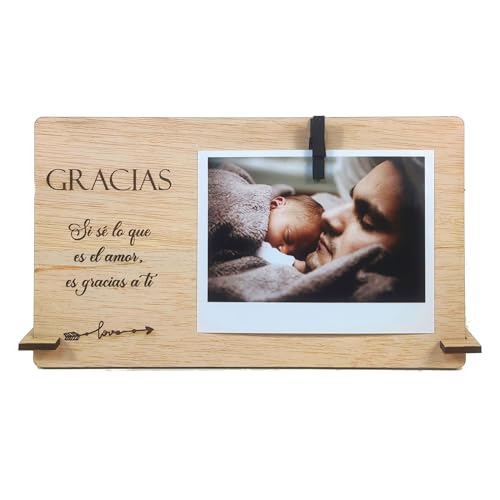 Ornandi® | Marco de Fotos con Frase: Rotulador Permanente de REGALO | Regalo Pareja | Regalo Mujer y Hombre | Regalo San Valentin | Portafotos con Pinza | Fotos Polaroid Instax (Gracias - ES)