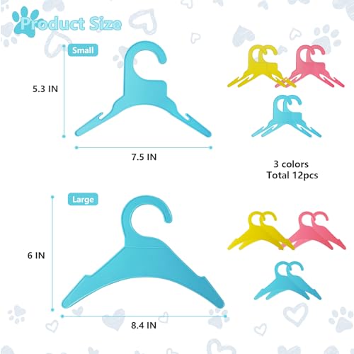 GKPONSX 12Pack Dog Clothes Hangers, 2 Size Plastic Pet Apparel Hanger Small Baby Hangers for Nursery Small Dog Puppy Cats Kitten Clothing Closet (Pink, Blue, Yellow)