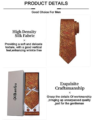 Image of DiBanGu Paisley Ties for Men Silk Necktie and Pocket Square Cufflinks Tie Clip Set Woven Classic Mens Tie for Wedding Party