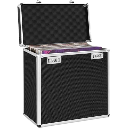 OUUTMEE Schallplattenkoffer, Speicherkapazität: ca. 50 Schallplatten, schwarz, Design aus Aluminiumlegierung Höhe 340 x Breite 365 x Tiefe 205 mm Hält etwa 50 LPs