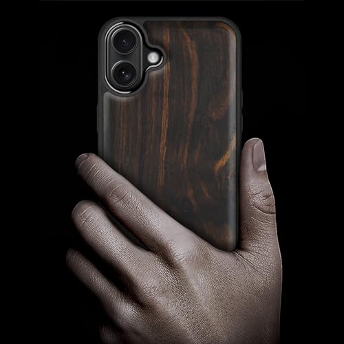 Image of Carveit Wood Case for iPhone 16 Plus, Natural Grain, Black | Magnetic iPhone 16 Plus Case Compatible with MagSafe Wireless Chargers, Engraved Wood with Soft TPU Shockproof Bumper